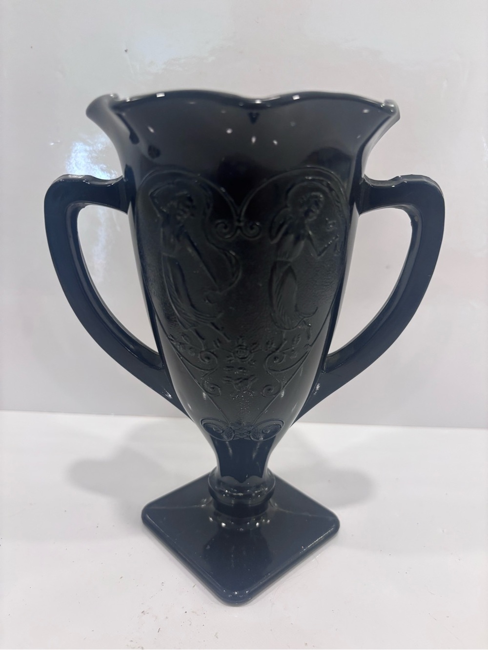 Vintage black amethyst glass trophy vase art Nouveau maiden motif two handles